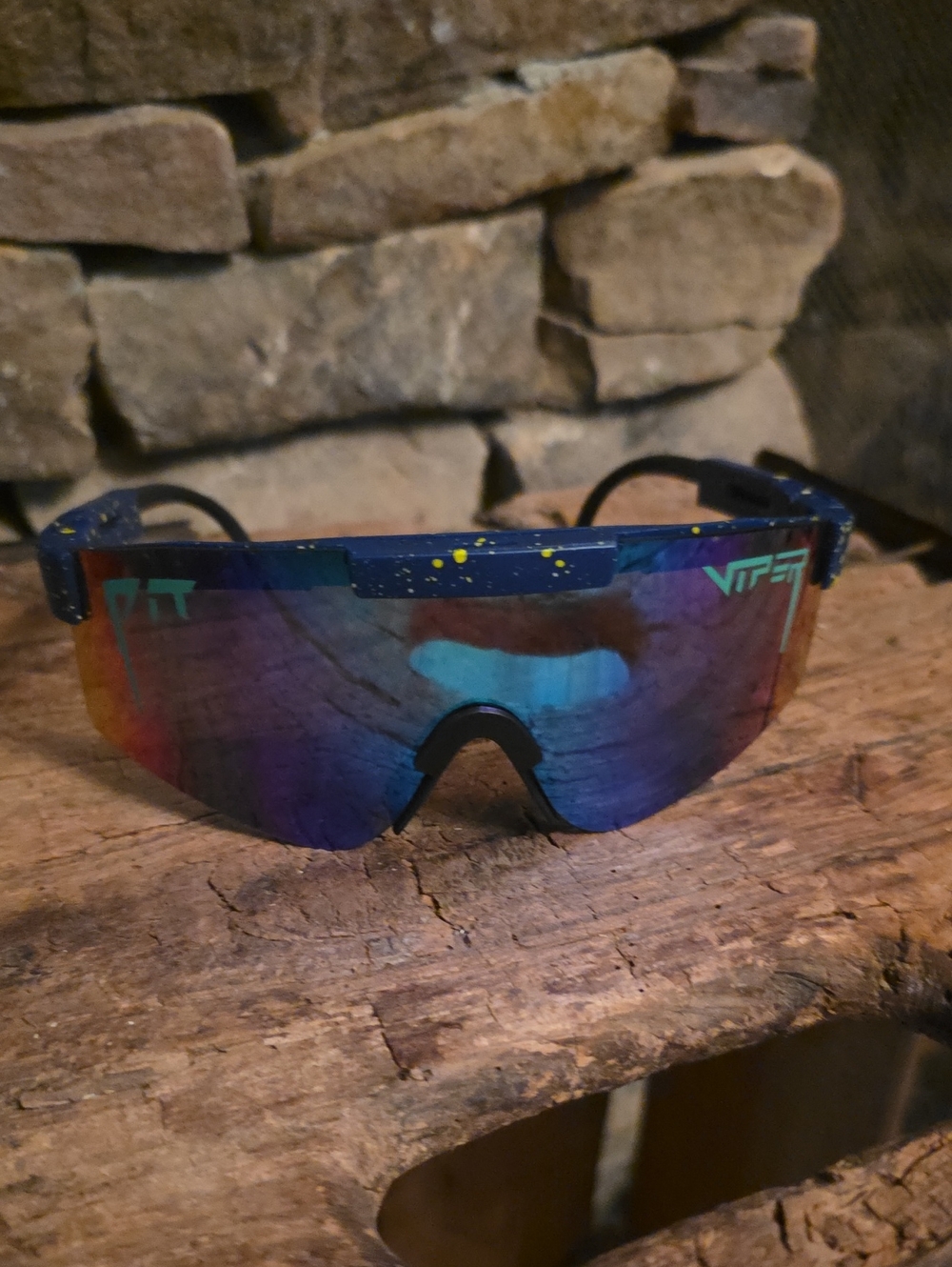 Pit Viper Blue Mirrored Shield Sunglasses with Yellow Splatter